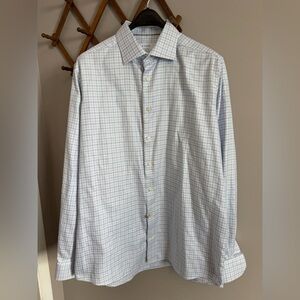 Eton Contemporary Fit Blue Textured Windowpane Dress Shirt Size 17.5 / 44